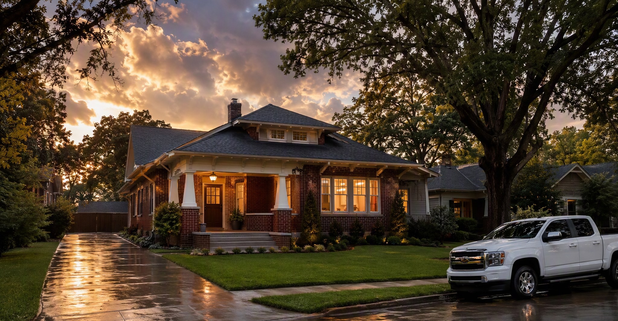 Golden-hour light on a restored Little Rock brick craftsman bungalow after an Arkansas storm
