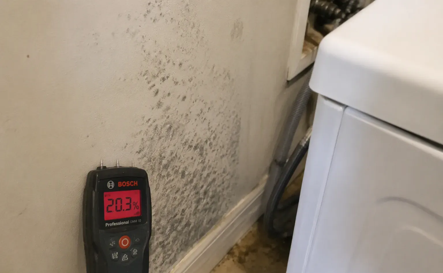 Mold growth on a wall behind tile from trapped moisture